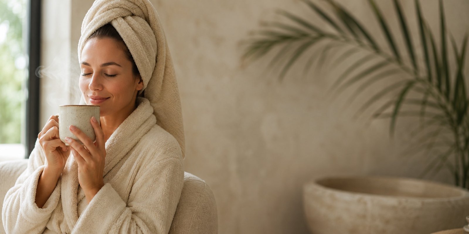 A guest enjoying tea after a treatment